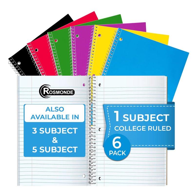 Rosmonde 1 Subject Notebook College Ruled, 6 Pack, 70 Sheets (140 Pages), 8 x 10-1/2"", 3 Hole Punched Notebooks, Thick No-Bleed Paper, Sturdy Back, College Ruled Notebook for School, Assorted Colors - Image 1